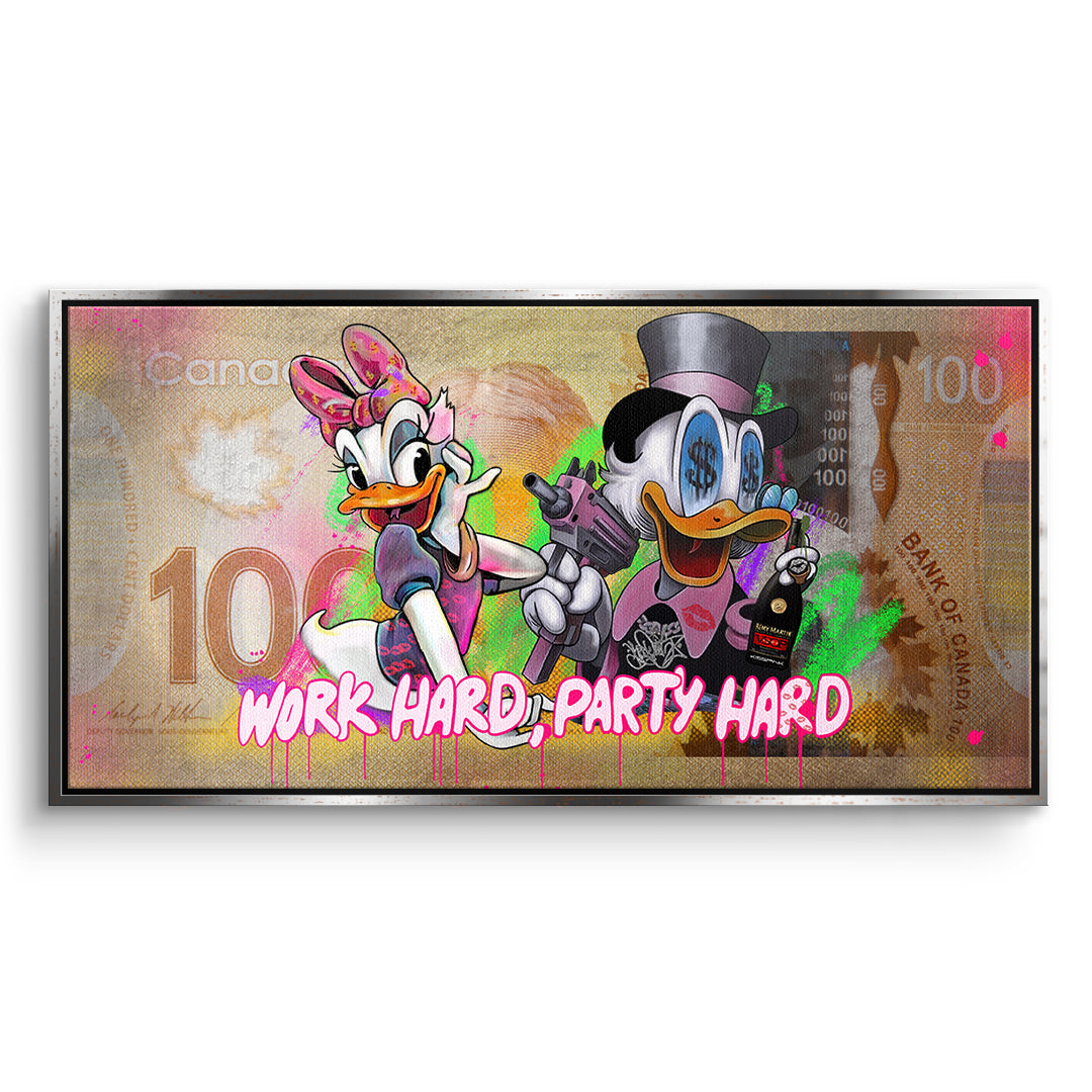 DOTCOMCANVAS Leinwandbild Work Hard Party Hard im silbernen Premium-Rahmen