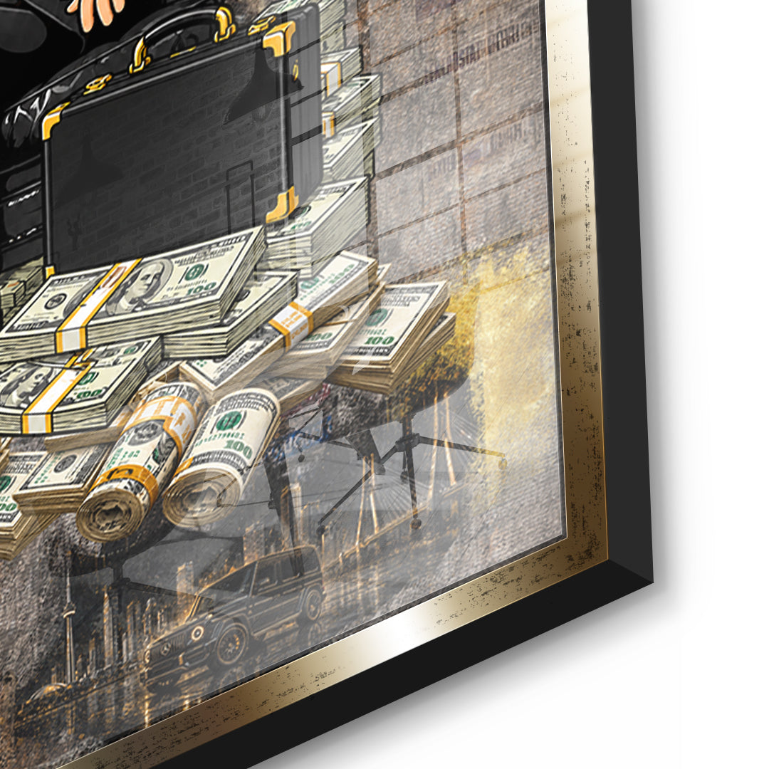 Detailaufnahme des 5mm Acrylglases, Building Empires im goldenen Rahmen