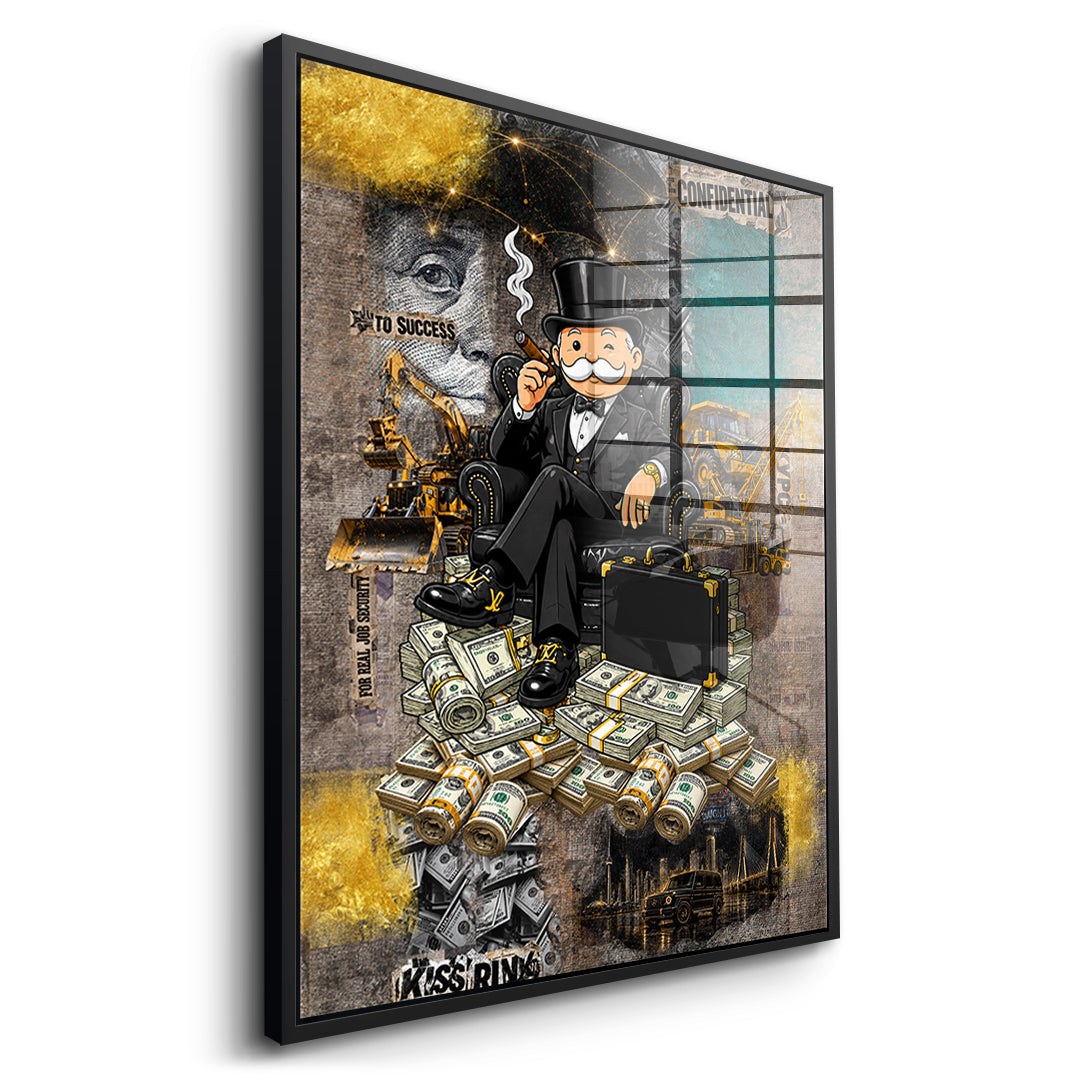 Seitenansicht des Acrylglasbilds Building Empires im schwarzen Rahmen