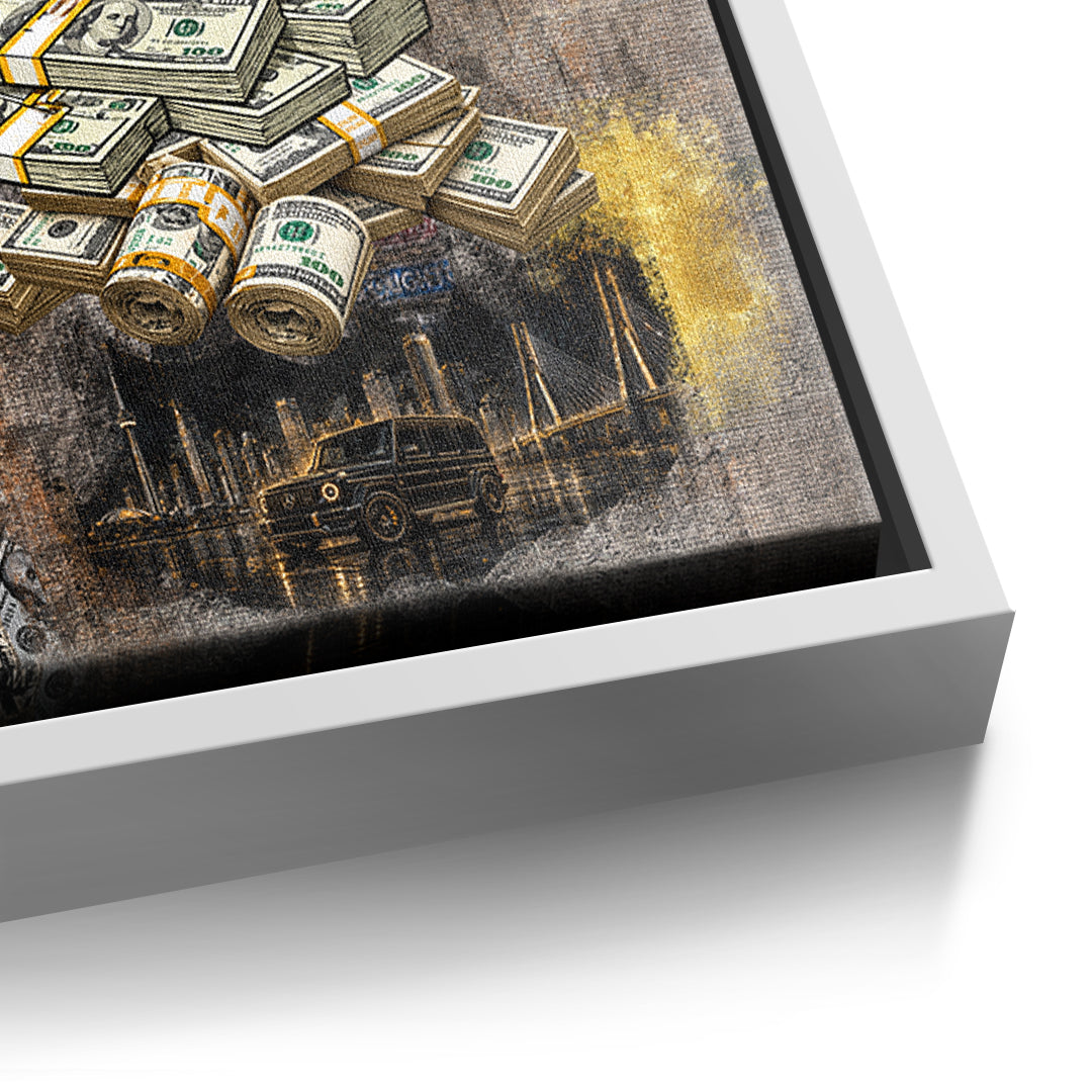 Detailaufnahme der Leinwandstruktur, Building Empires im weißen Rahmen