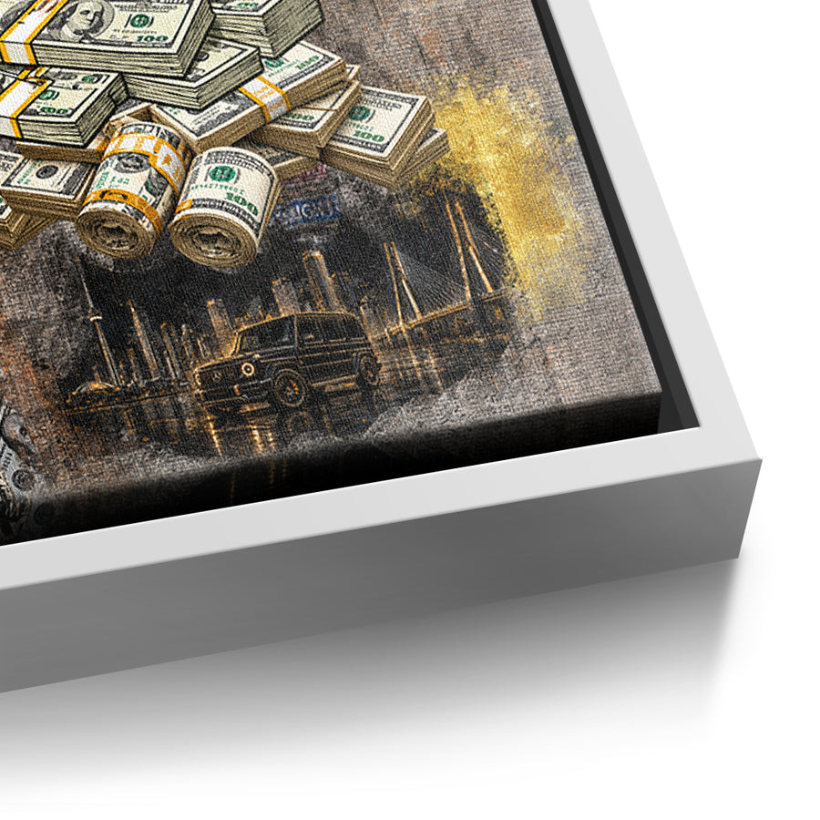 Detailaufnahme der Leinwandstruktur, Building Empires im weißen Rahmen