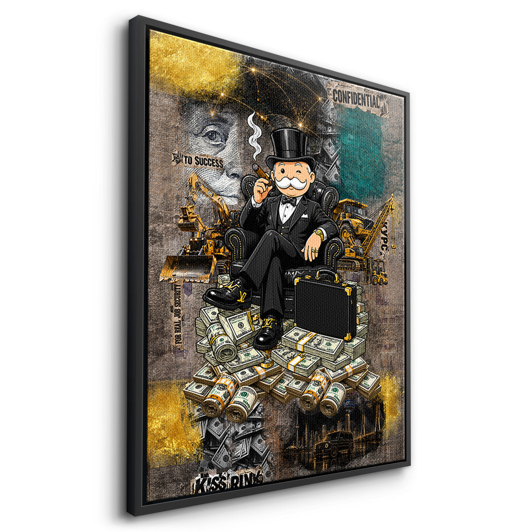 Seitenansicht des Leinwandbilds Building Empires im schwarzen Rahmen
