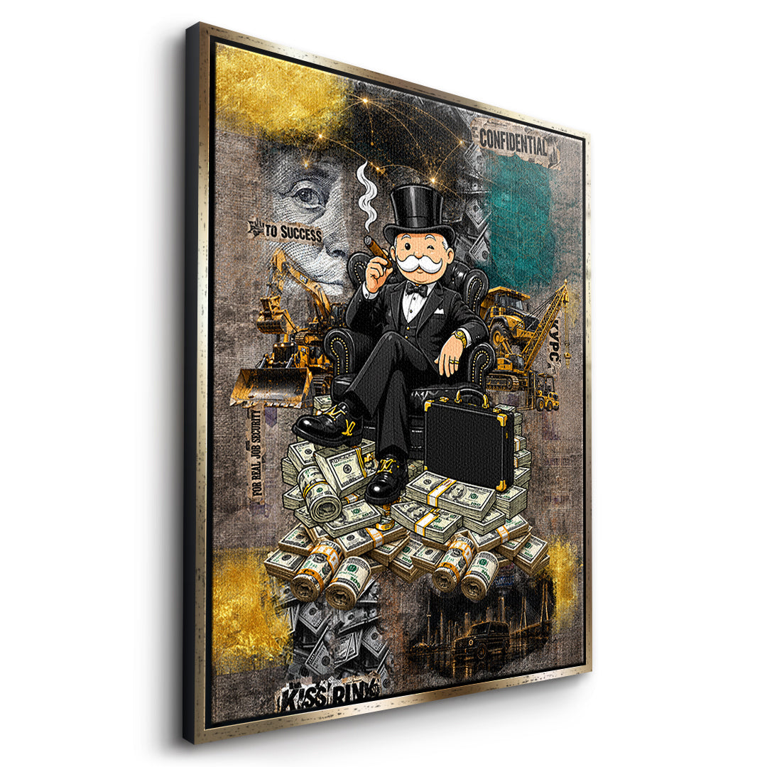 Seitenansicht des Leinwandbilds Building Empires im goldenen Rahmen