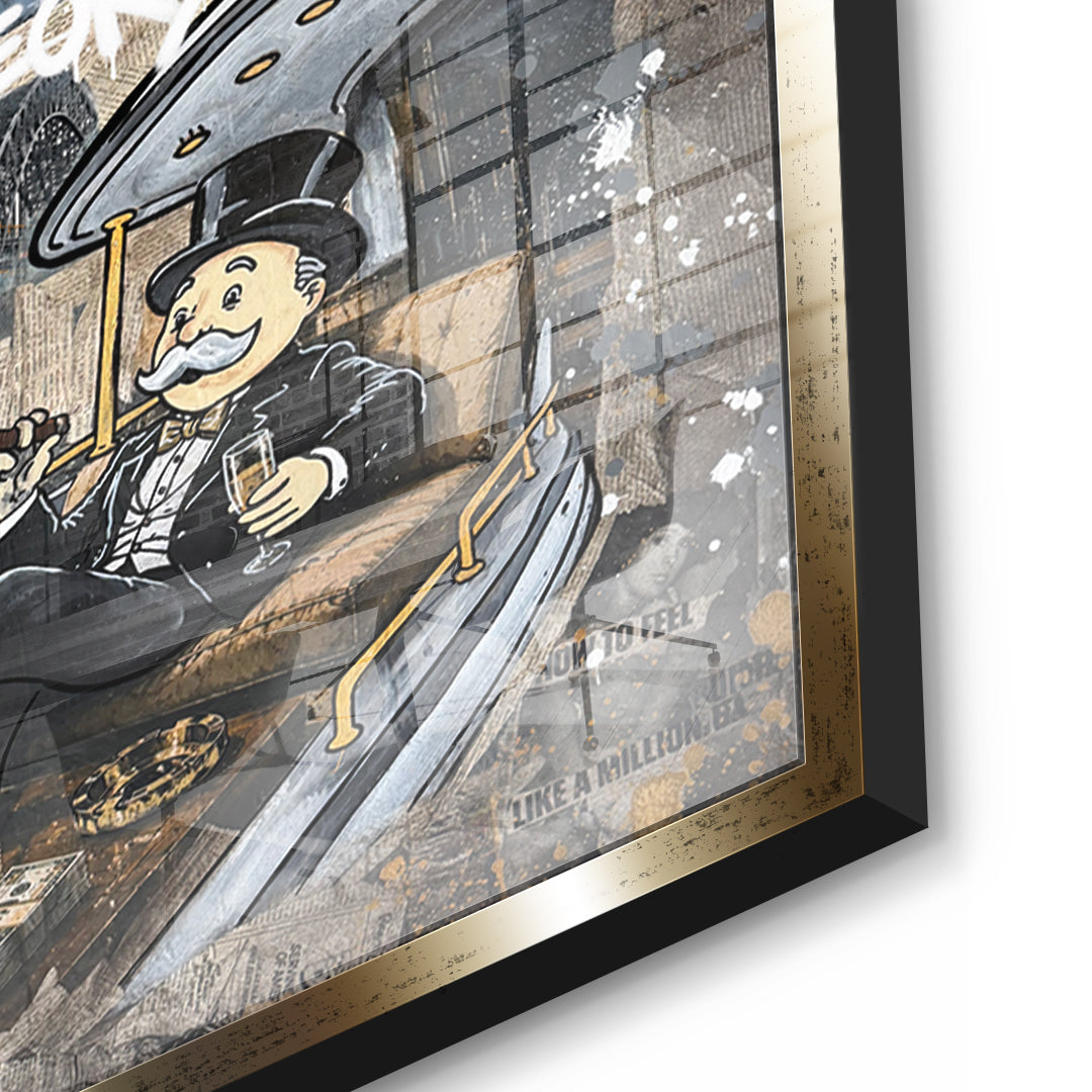 Detailaufnahme des 5mm Acrylglases, Live Theory im goldenen Rahmen