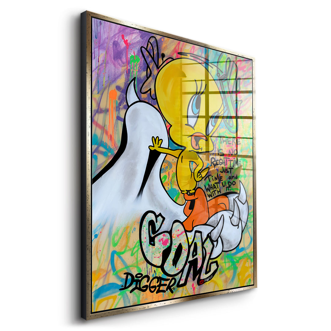 Seitenansicht des Acrylglasbilds Goal Digger Bird im goldenen Rahmen