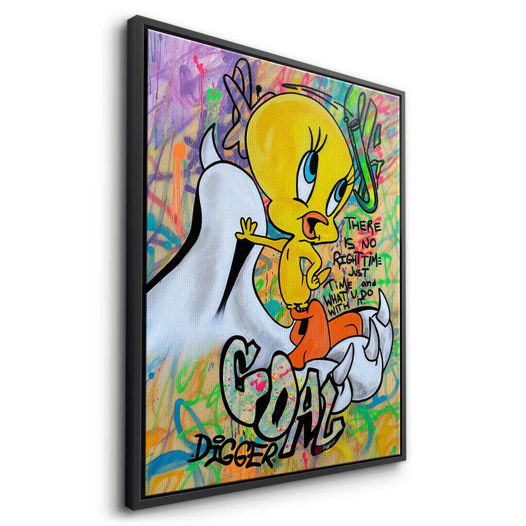 Seitenansicht des Leinwandbilds Goal Digger Bird im schwarzen Rahmen