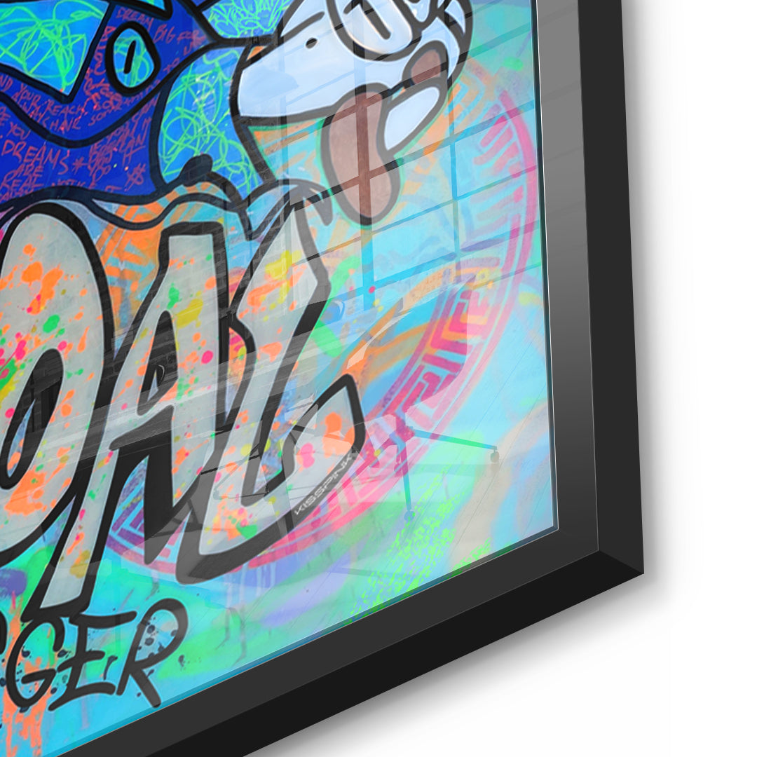 Detailaufnahme des 5mm Acrylglases, Goal Digger Duck im schwarzen Rahmen