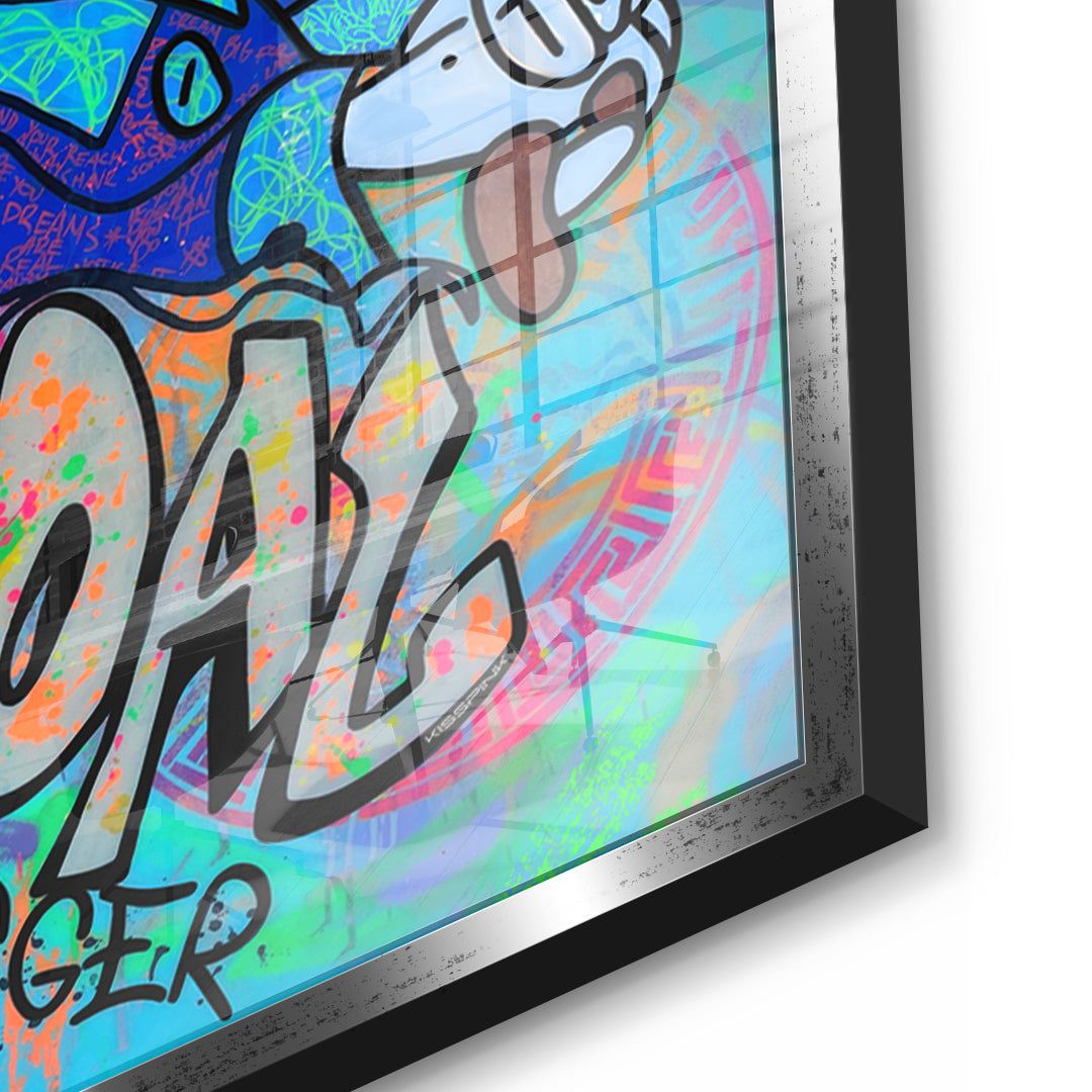 Detailaufnahme des 5mm Acrylglases, Goal Digger Duck im silbernen Rahmen