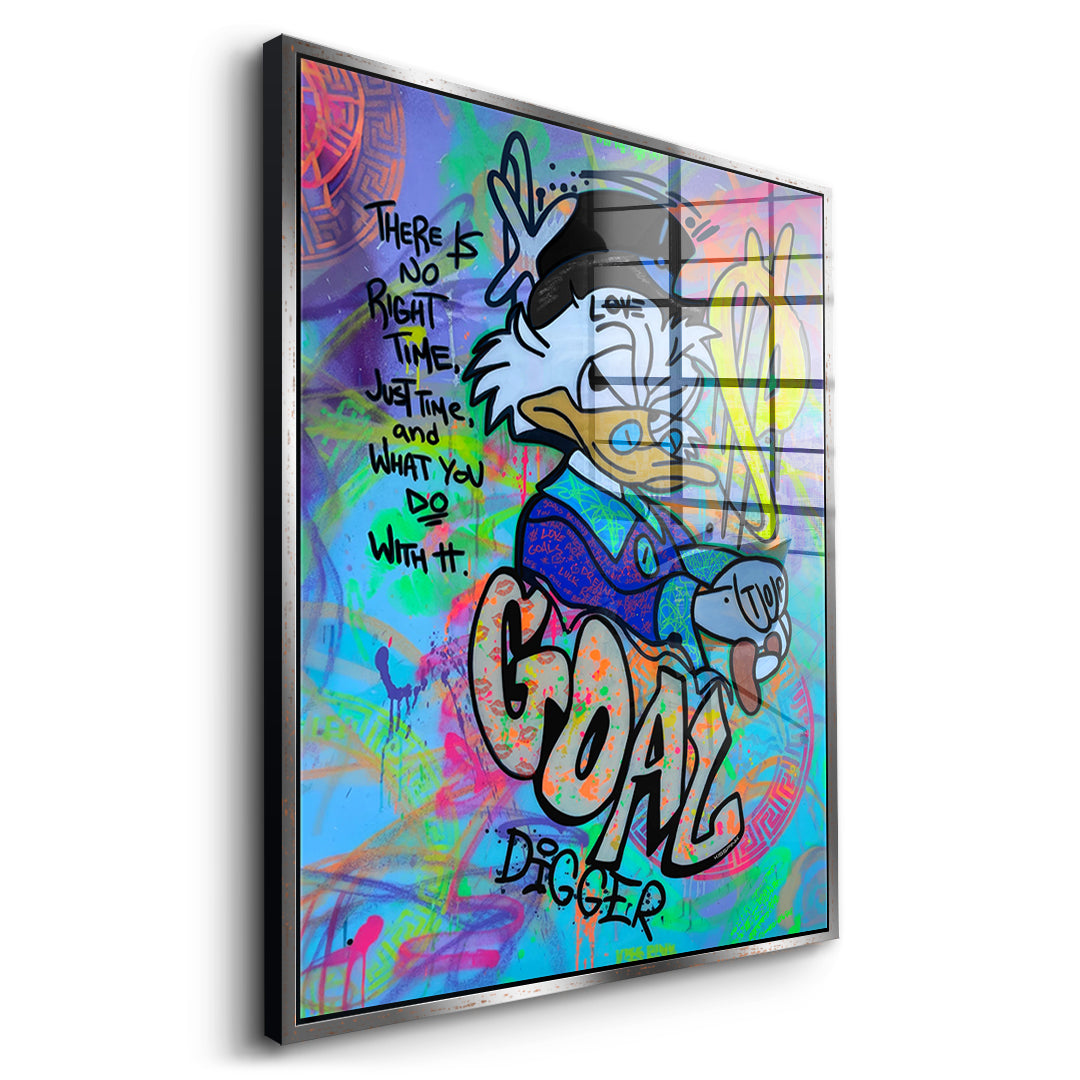 Seitenansicht des Acrylglasbilds Goal Digger Duck im silbernen Rahmen