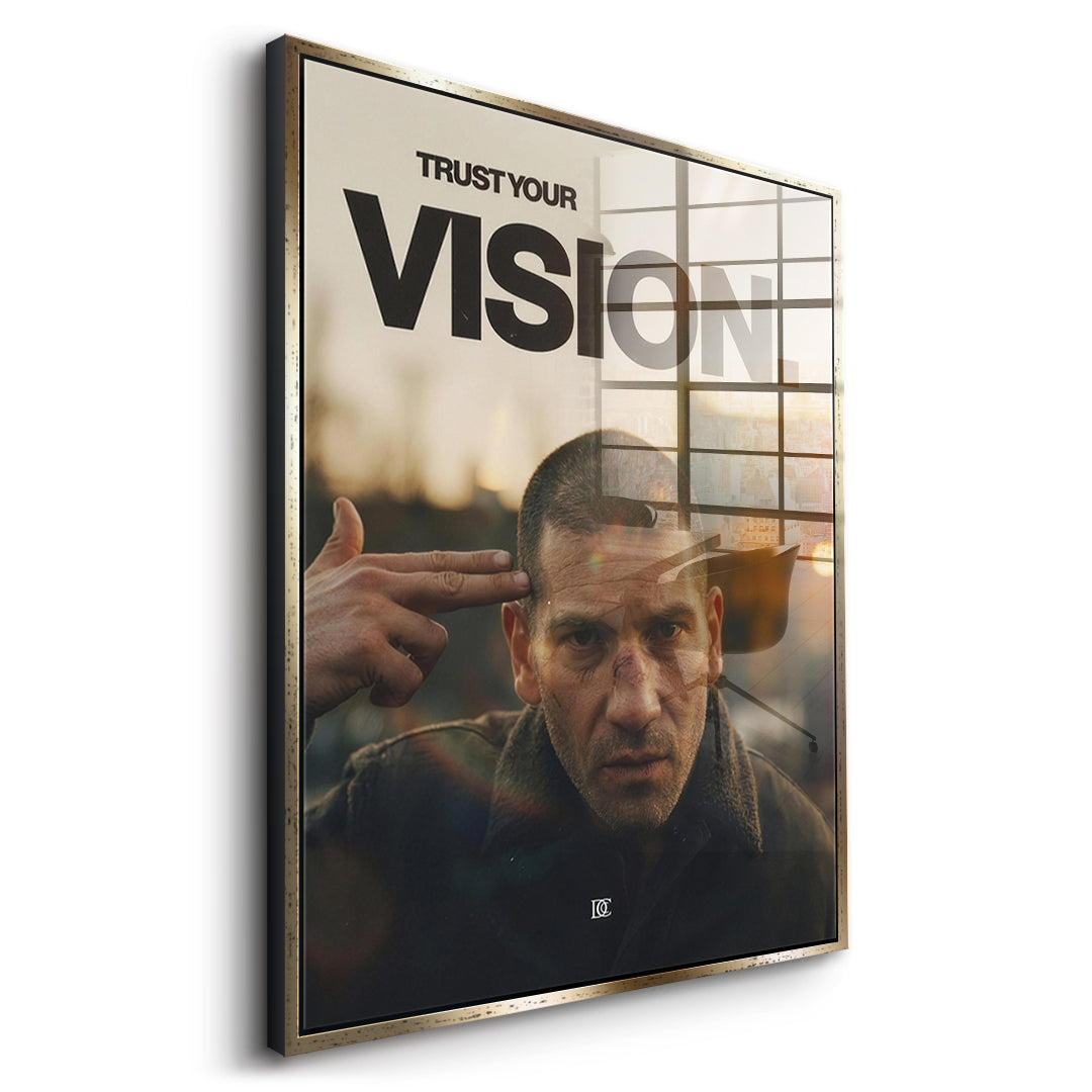 Seitenansicht des Acrylglasbilds Trust Your Vision im goldenen Rahmen