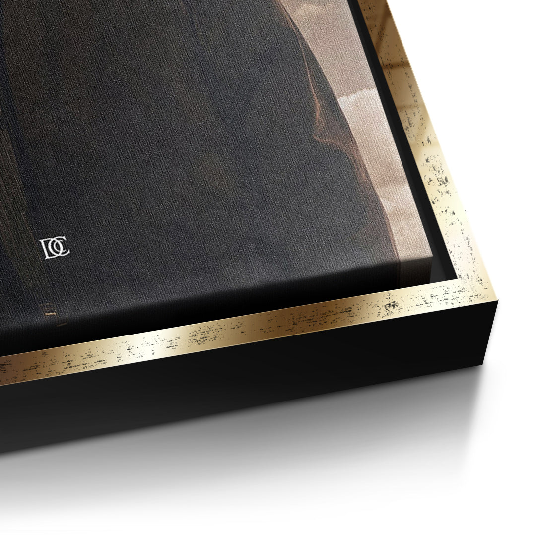 Detailaufnahme der Leinwandstruktur, Let It Happen im goldenen Rahmen