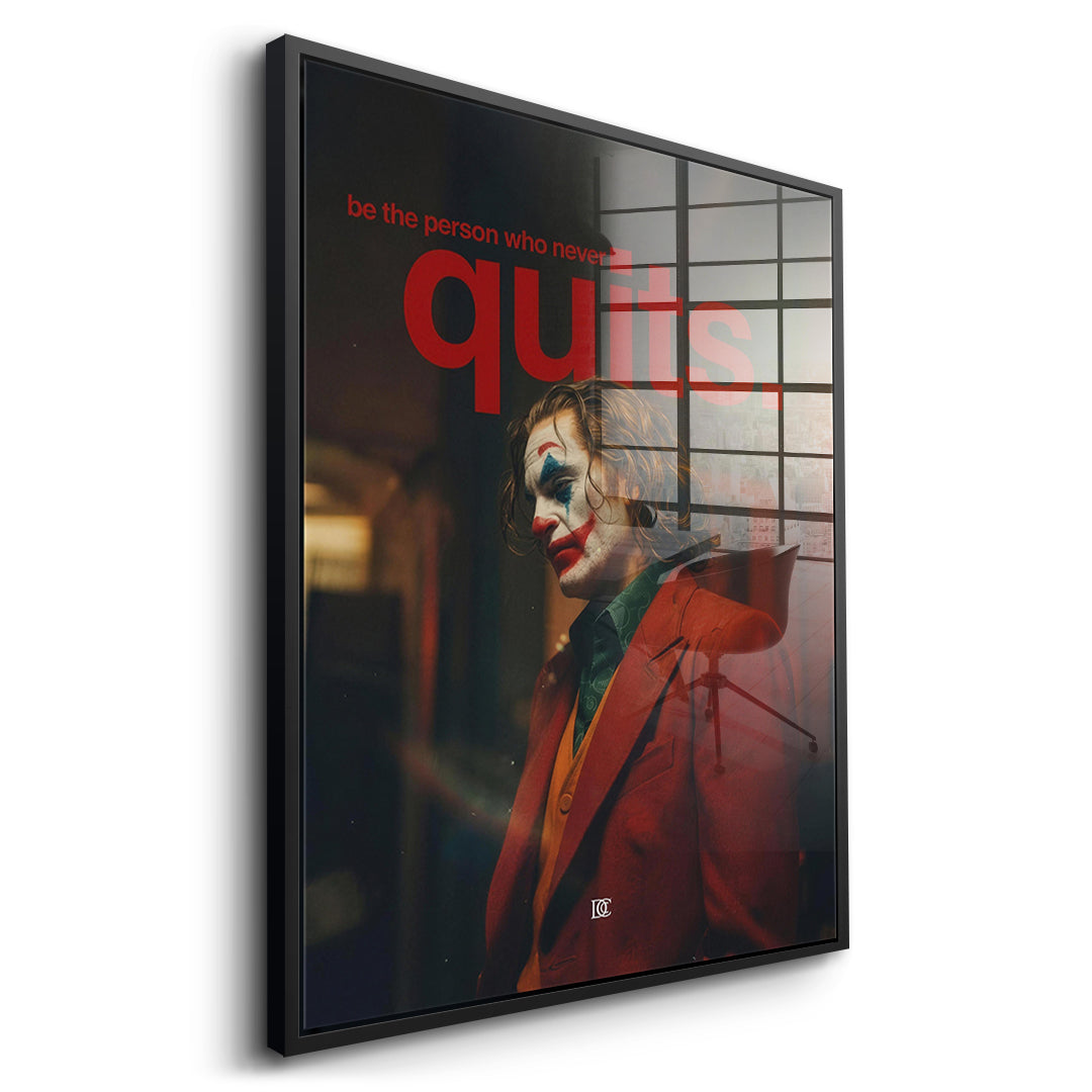 Seitenansicht des Acrylglasbilds Never Quit im schwarzen Rahmen