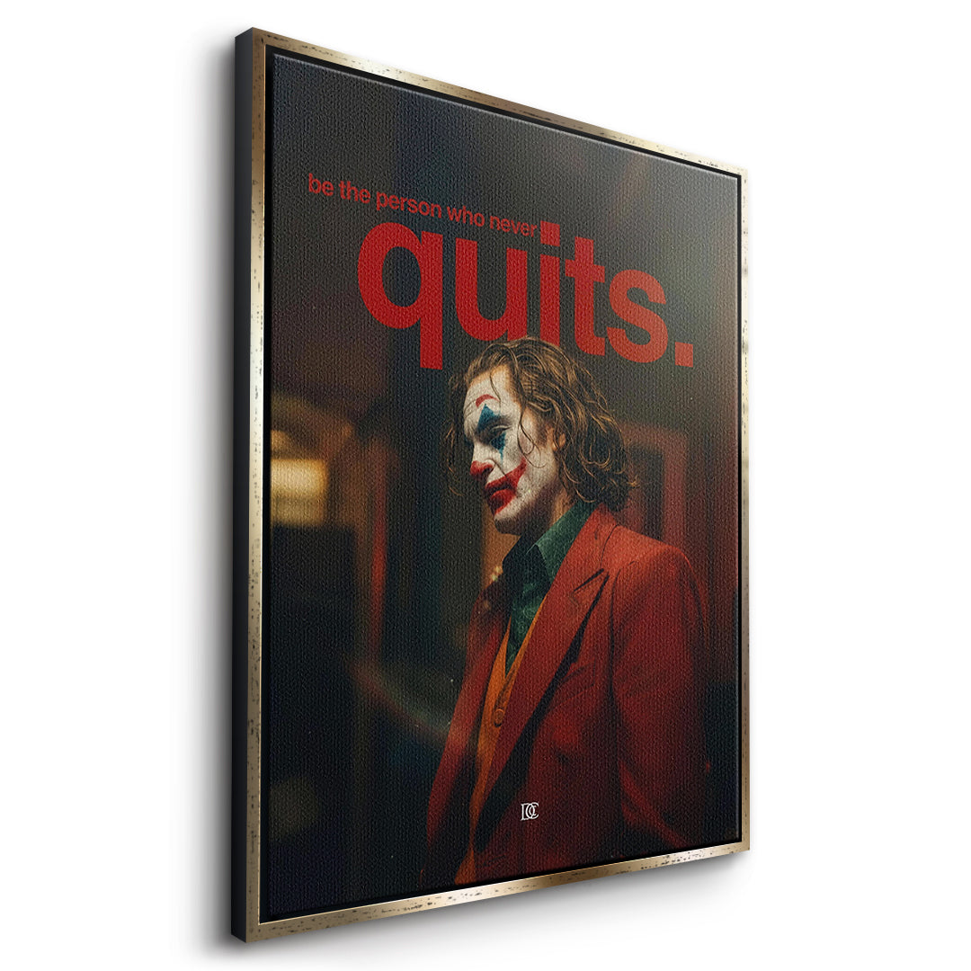 Seitenansicht des Leinwandbilds Never Quit im goldenen Rahmen