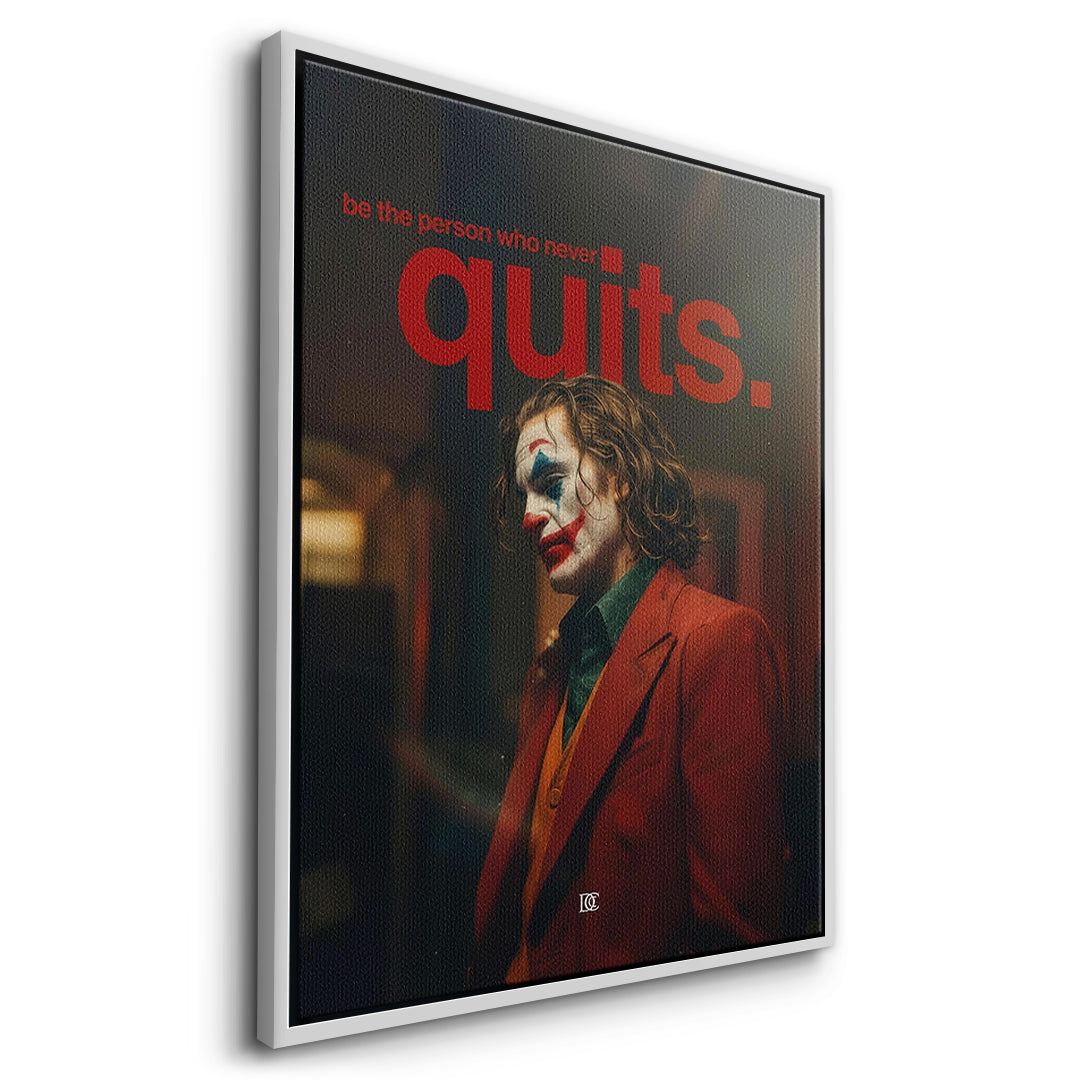 Seitenansicht des Leinwandbilds Never Quit im weißen Rahmen