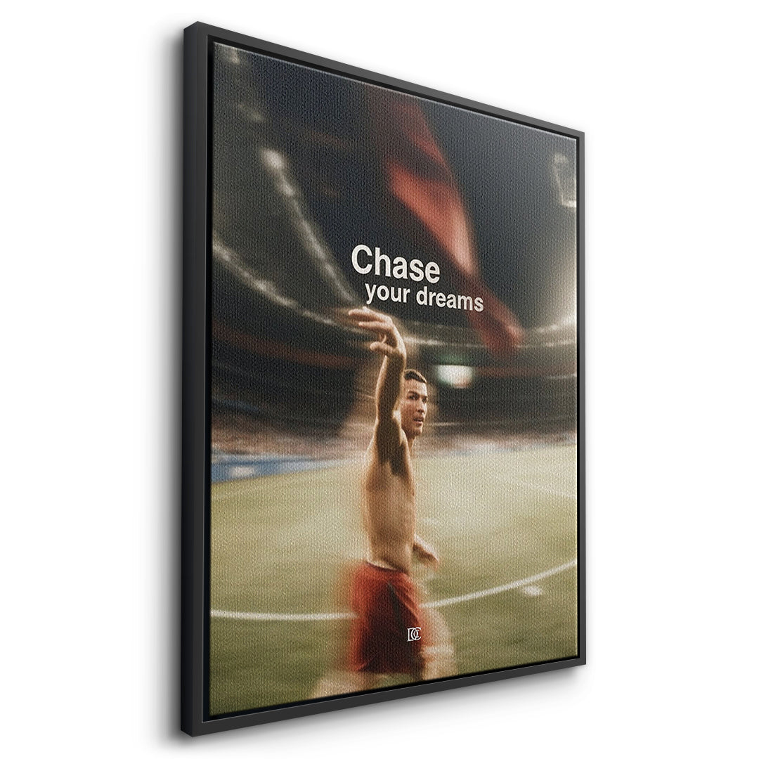 Seitenansicht des Leinwandbilds Chase Your Dreams im schwarzen Rahmen