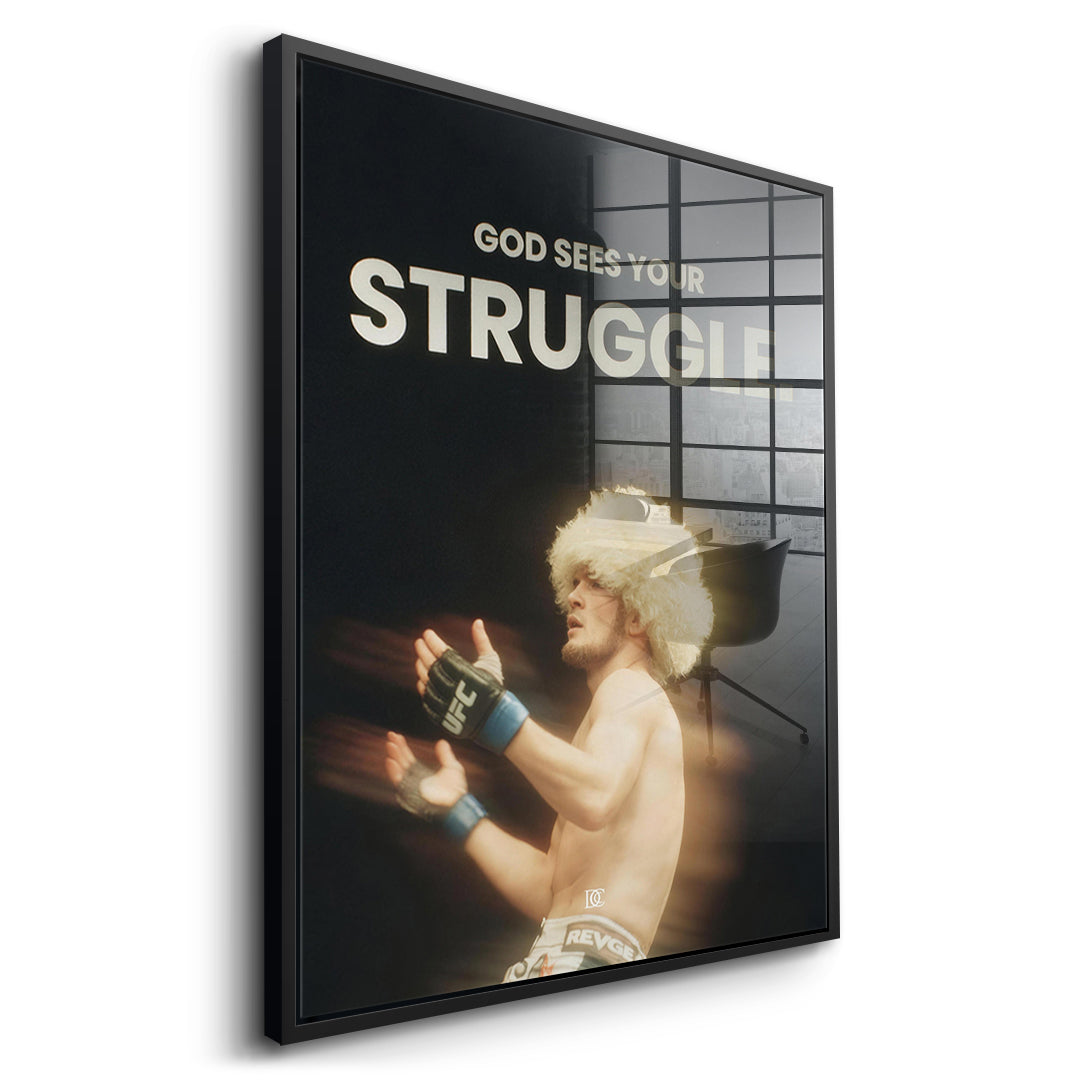 Seitenansicht des Acrylglasbilds God Sees Your Struggle im schwarzen Rahmen