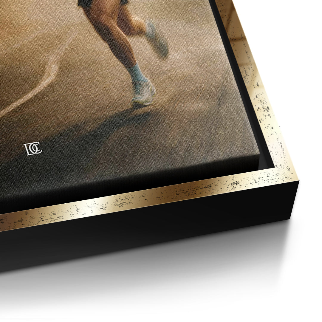 Detailaufnahme der Leinwandstruktur, Time For The Comeback im goldenen Rahmen