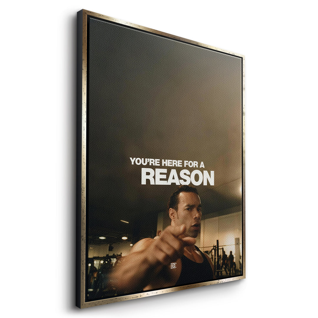 Seitenansicht des Leinwandbilds You're Here For A Reason im goldenen Rahmen
