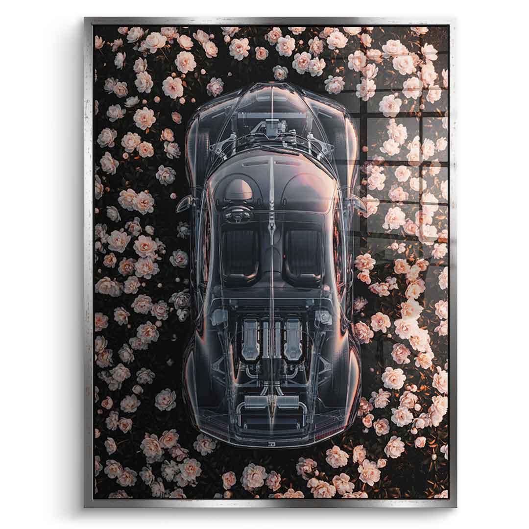 DOTCOMCANVAS® Bugatti in flowers Acrylglasbild – Frontansicht mit silbernem Rahmen