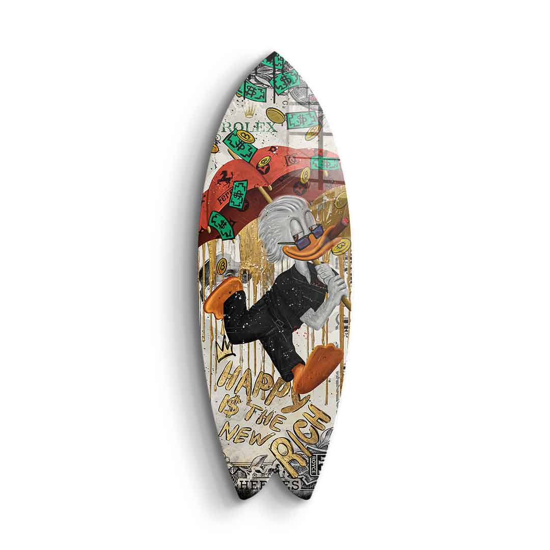 DOTCOMCANVAS Surfboard Happy is the new Rich - Blattgold – Frontansicht