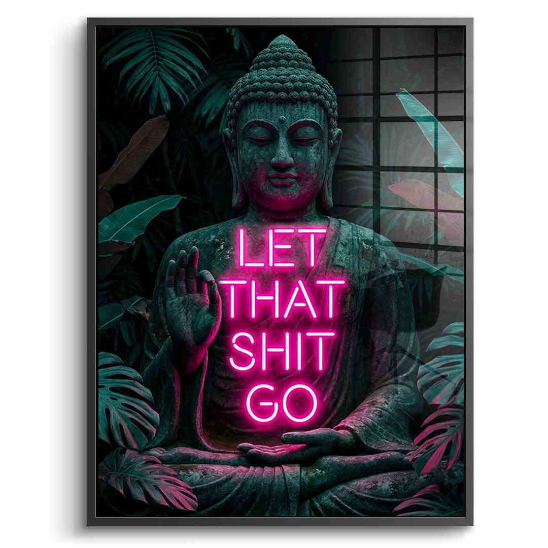 DOTCOMCANVAS® Buddah for Toilett Acrylglasbild – Frontansicht mit schwarzem Rahmen