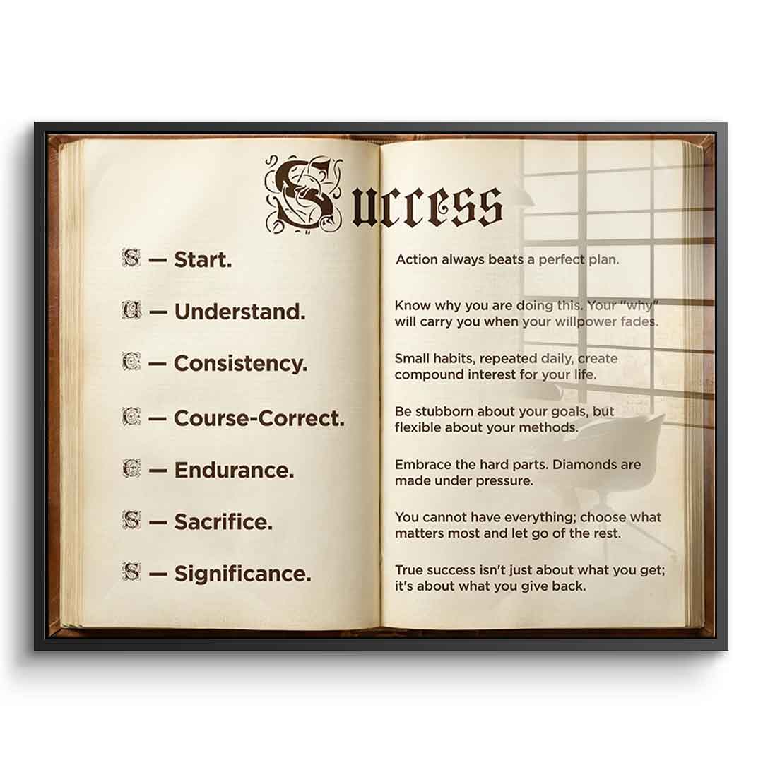 DOTCOMCANVAS® Success book Acrylglasbild – Vorderansicht silberner Rahmen