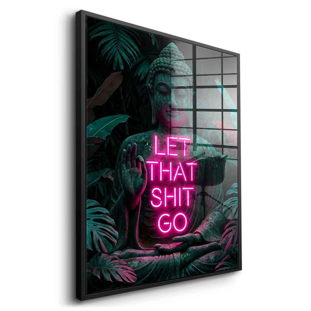 DOTCOMCANVAS® Buddah for Toilett Acrylglasbild – Seitenansicht mit schwarzem Rahmen