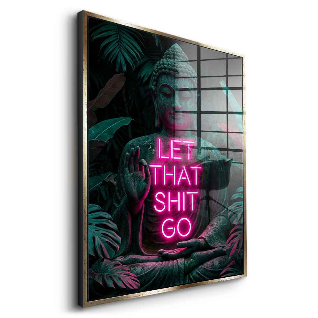 DOTCOMCANVAS® Buddah for Toilett Acrylglasbild – Seitenansicht mit silbernem Rahmen