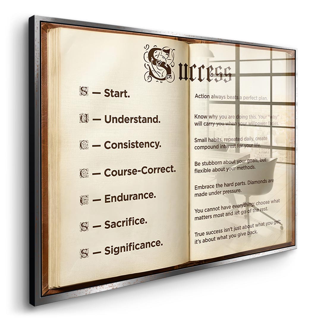 DOTCOMCANVAS® Success book Acrylglasbild – Seitenansicht goldener Rahmen