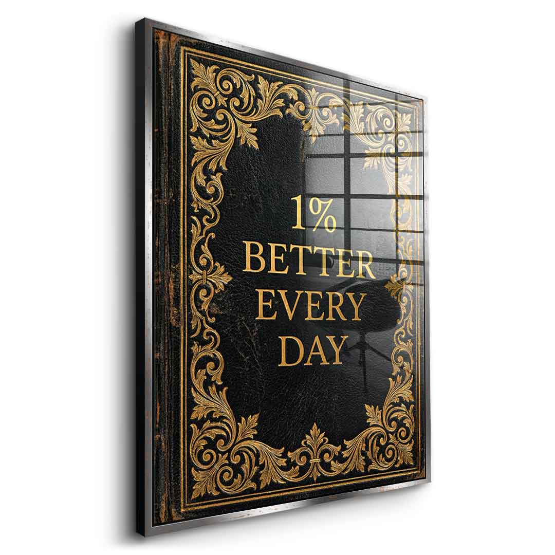 DOTCOMCANVAS® 1% better every day Acrylglasbild – Seitenansicht goldener Rahmen