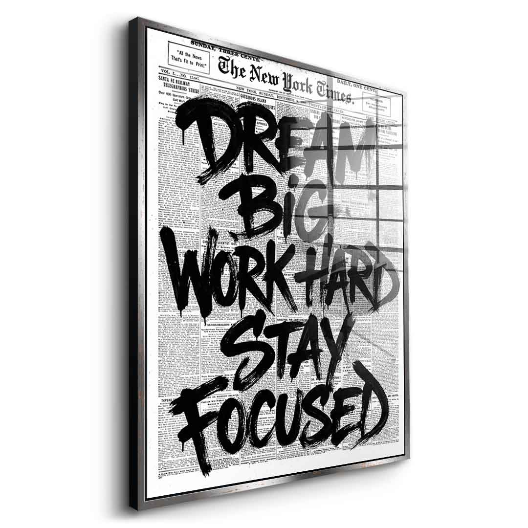 DOTCOMCANVAS Dream big work hard stay focused Acrylglasbild Gold Rahmen Seitenansicht