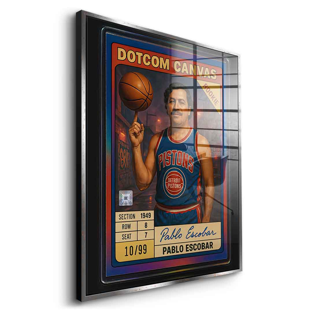 DOTCOMCANVAS Pablo Escobar Basketball Card Acrylglasbild Pop Art Gold gerahmt Seitenansicht