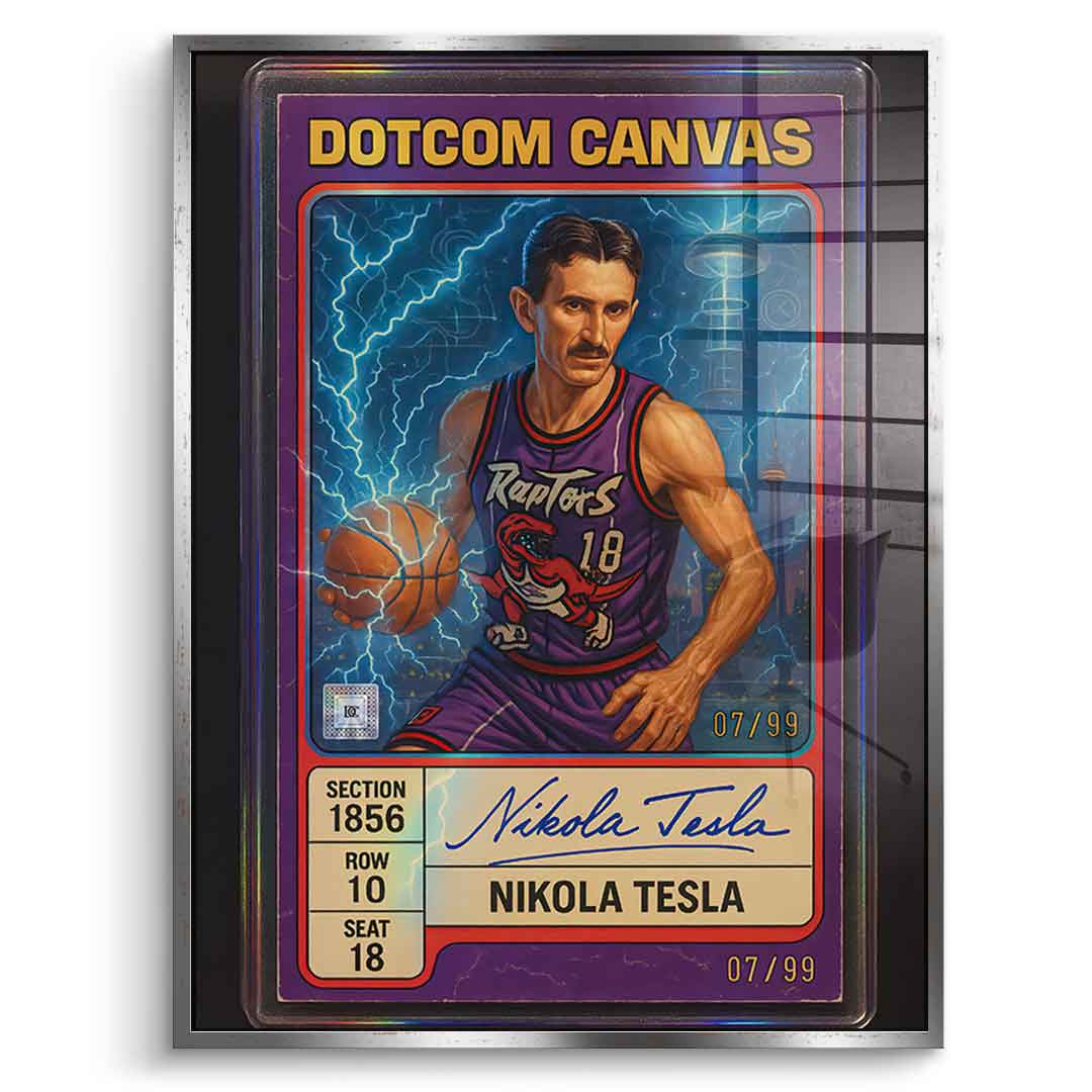 DOTCOMCANVAS Acrylglasbild Nikola Tesla Basketball Card Frontansicht mit silbernem Premium Rahmen