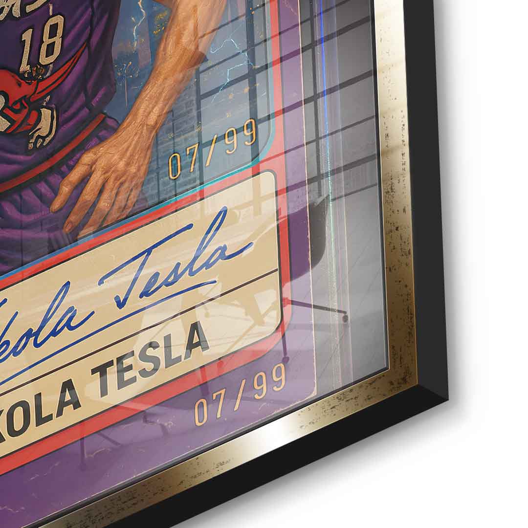 DOTCOMCANVAS Acrylglasbild Nikola Tesla Basketball Card Detailansicht mit goldenem Rahmen