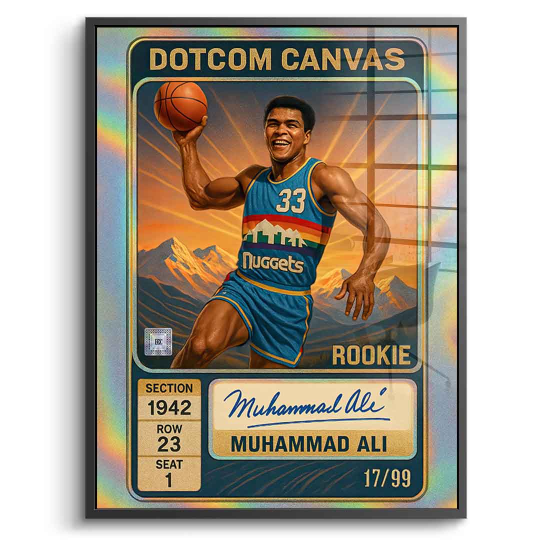 DOTCOMCANVAS Muhammad Ali Basketball Card Acrylglasbild Pop Art Schwarz gerahmt Frontansicht