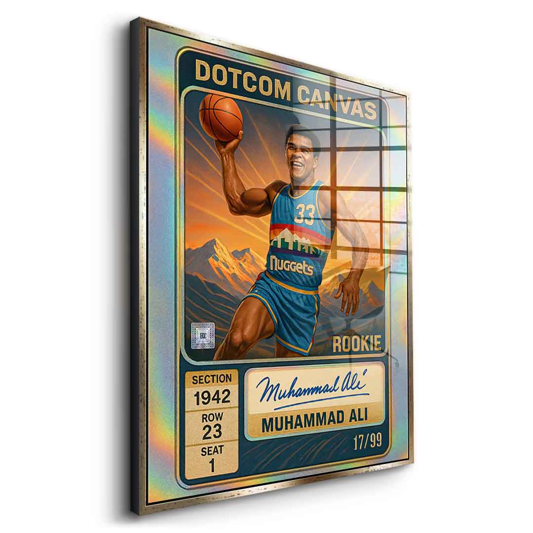 DOTCOMCANVAS Muhammad Ali Basketball Card Acrylglasbild Pop Art Silber gerahmt Seitenansicht