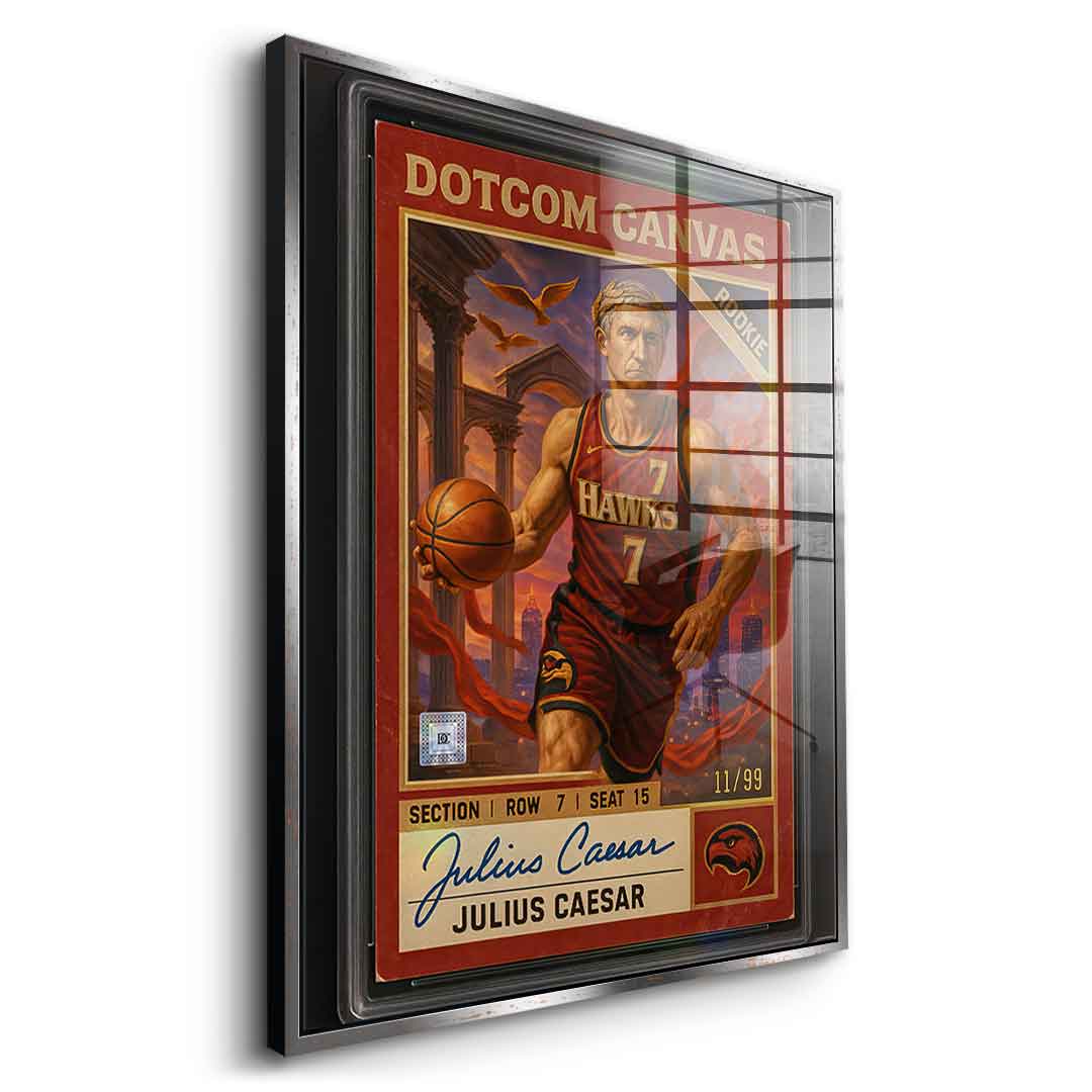 DOTCOMCANVAS Julius Caesar Basketball Card Acrylglasbild Pop Art – Seitenansicht mit Gold Rahmen