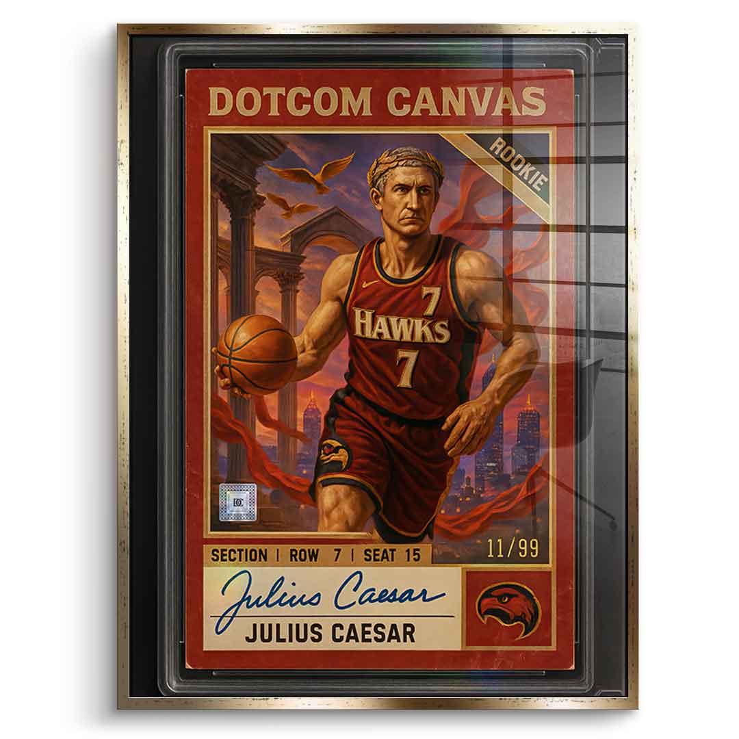 DOTCOMCANVAS Julius Caesar Basketball Card Acrylglasbild Pop Art – Frontansicht mit Gold Rahmen