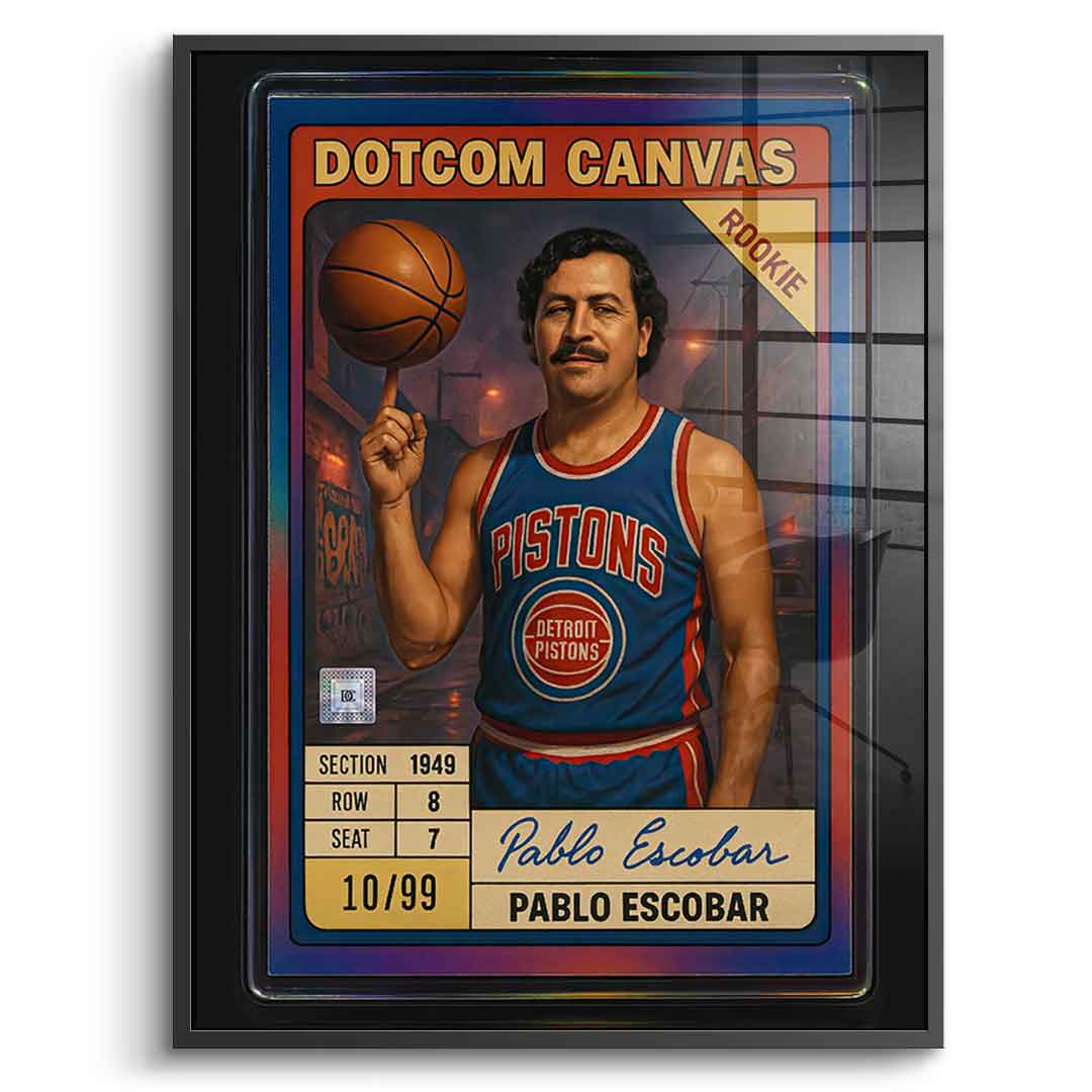 DOTCOMCANVAS Pablo Escobar Basketball Card Acrylglasbild Pop Art Schwarz gerahmt Frontansicht