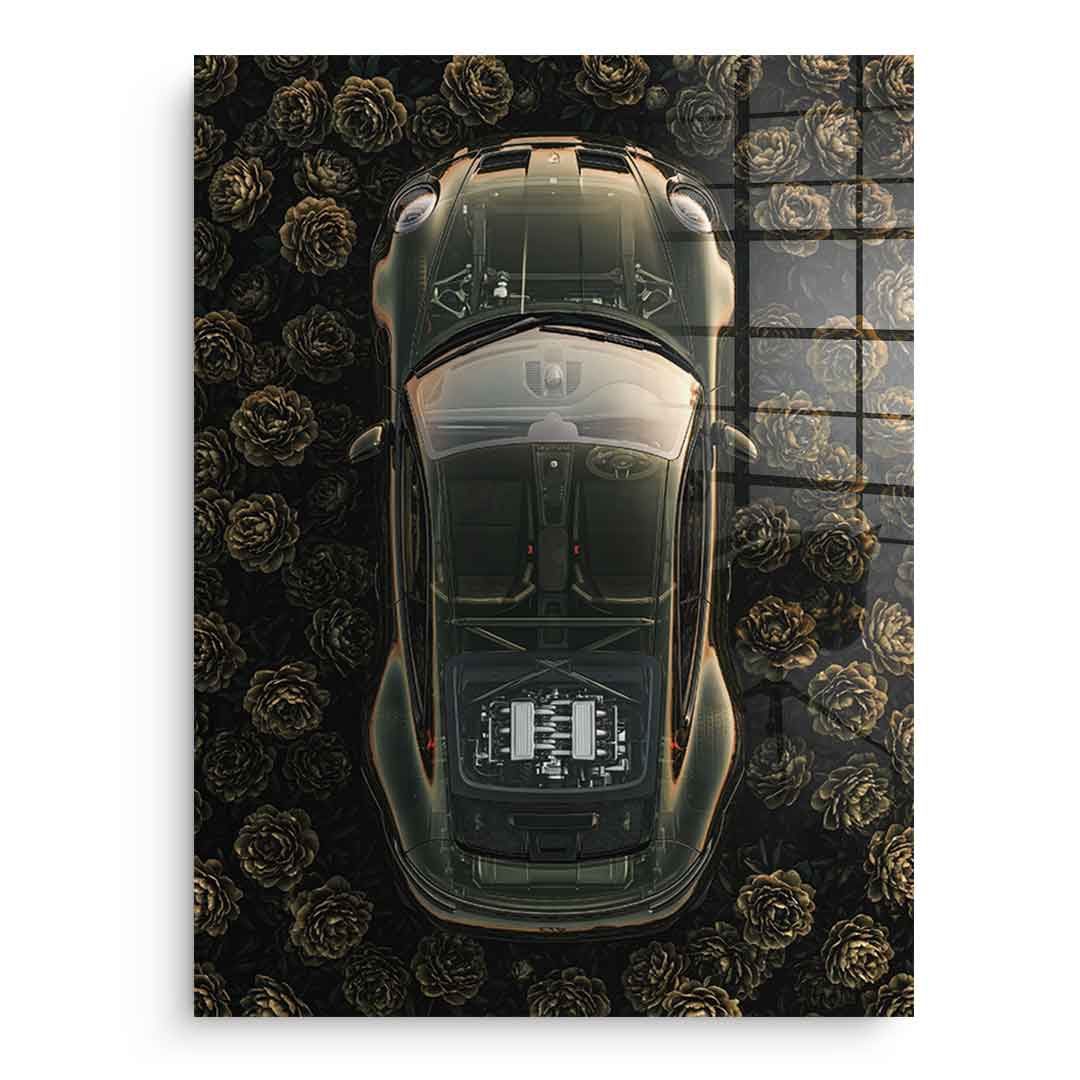 DOTCOMCANVAS® Porsche in flowers Acrylglasbild – Vorderansicht ohne Rahmen
