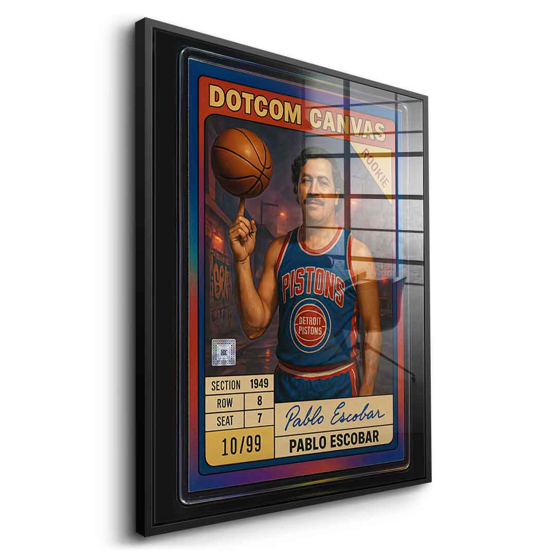 DOTCOMCANVAS Pablo Escobar Basketball Card Acrylglasbild Pop Art Schwarz gerahmt Seitenansicht