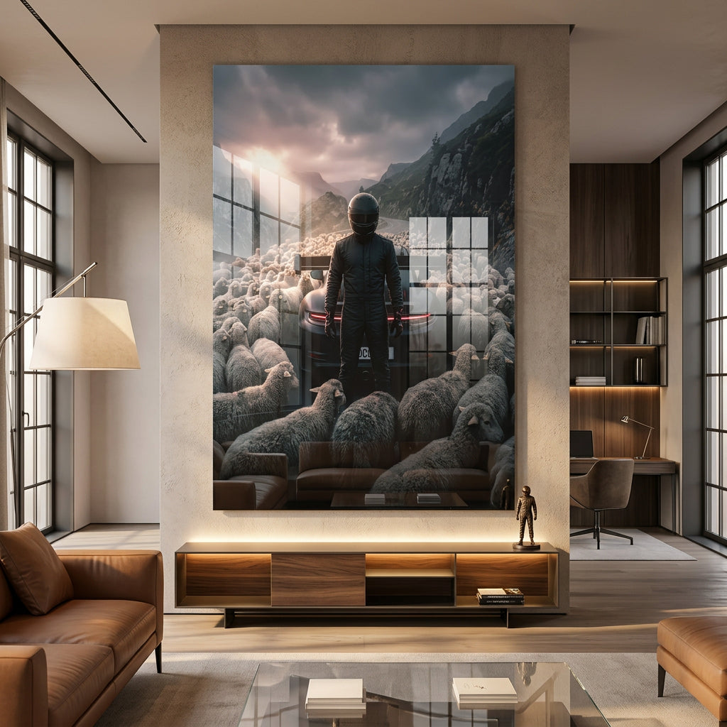 Porshe & Sheeps Acrylglasbild im Wohnraum als Wanddekoration