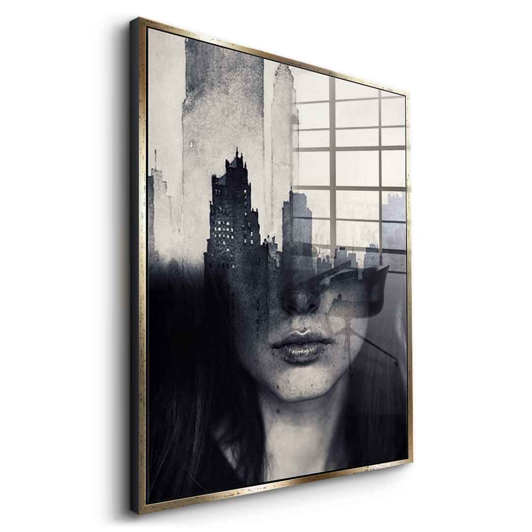 DOTCOMCANVAS® Mind game Acrylglasbild – Seitenansicht silberner Rahmen