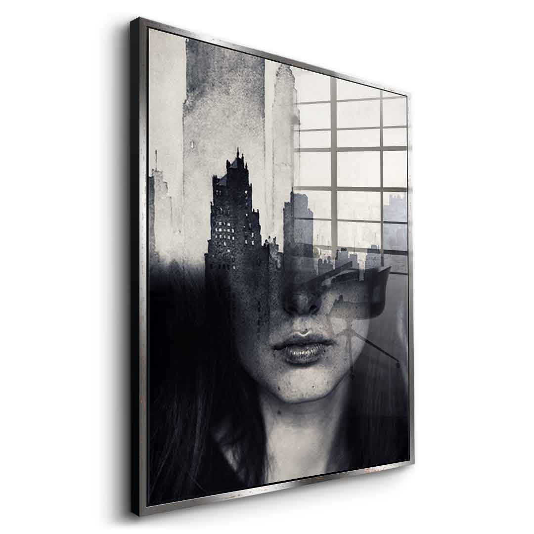 DOTCOMCANVAS® Mind game Acrylglasbild – Seitenansicht goldener Rahmen