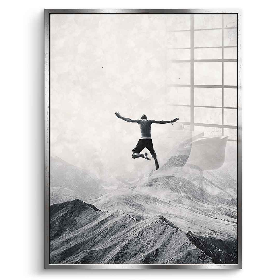 DOTCOMCANVAS® Jump in with both feet Acrylglasbild – Vorderansicht schwarzer Rahmen