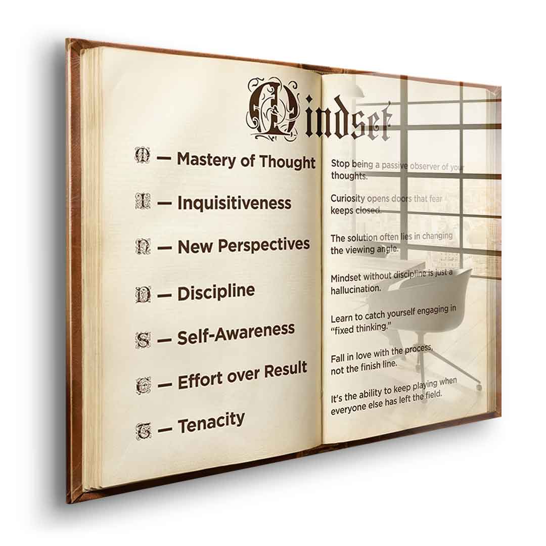 DOTCOMCANVAS® Mindset book Acrylglasbild – Seitenansicht ohne Rahmen