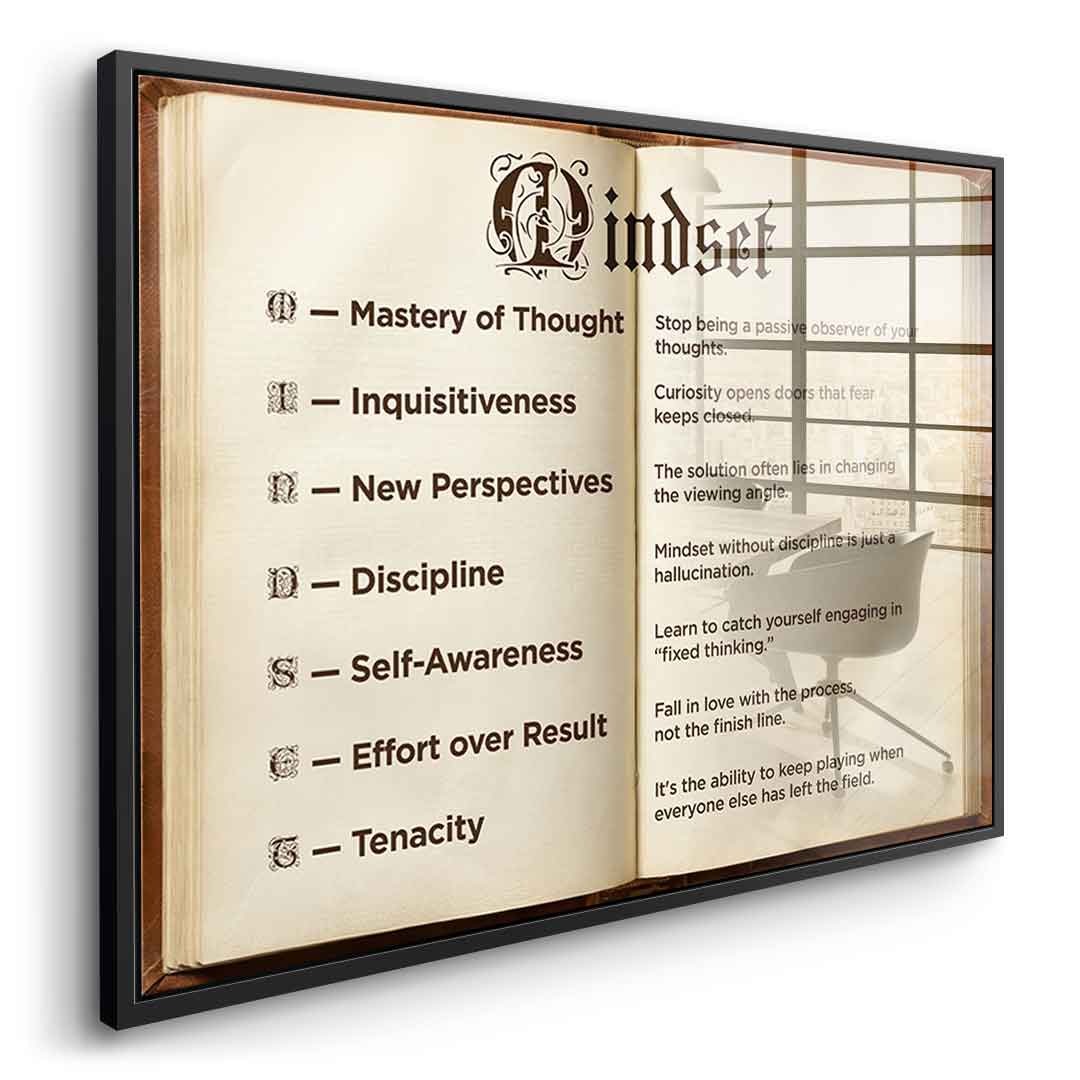 DOTCOMCANVAS® Mindset book Acrylglasbild – Seitenansicht schwarzer Rahmen