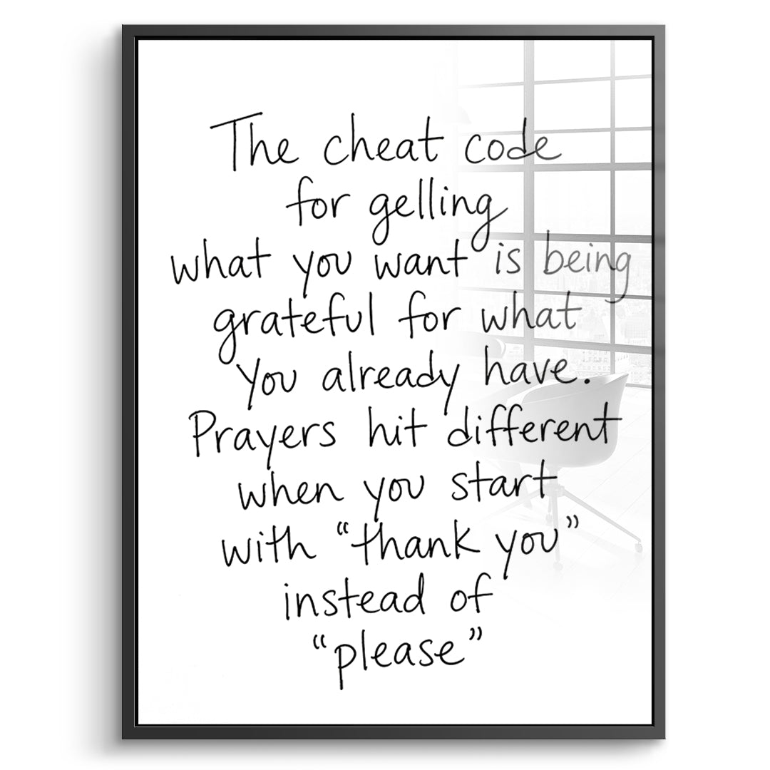 DOTCOMCANVAS Cheat Code Acrylglasbild Vorderansicht schwarzer Rahmen