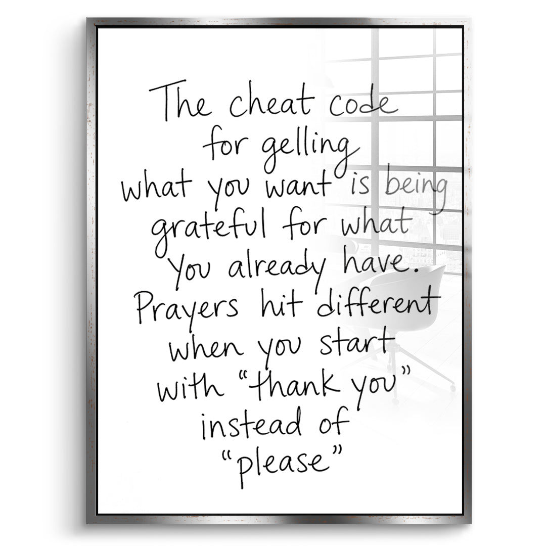 DOTCOMCANVAS Cheat Code Acrylglasbild Vorderansicht silberner Rahmen