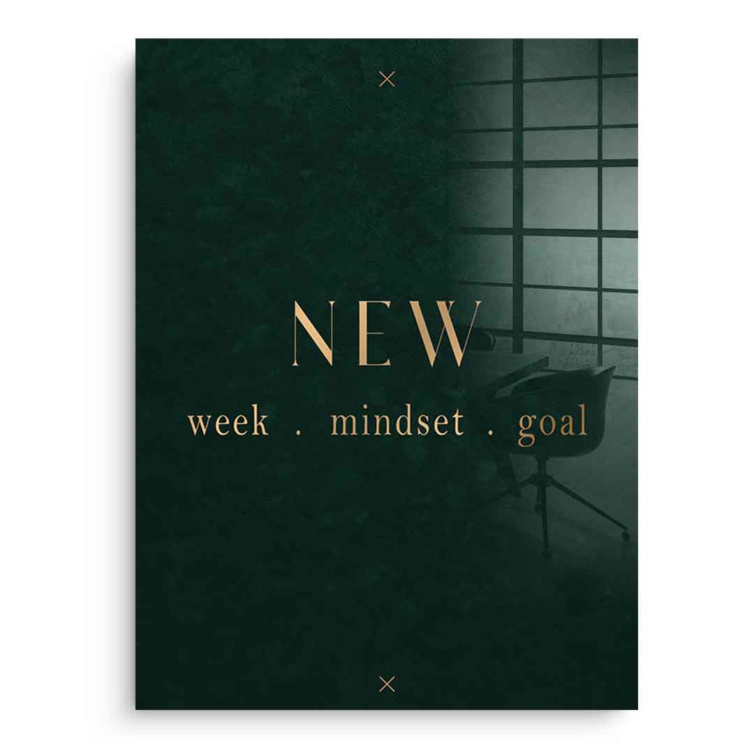 DOTCOMCANVAS NEW week, mindset, goal – motivierendes Typografie-Wandbild, goldene Serifen-Schrift auf dunkelgrünem Hintergrund – Acrylglasbild Ansicht 1